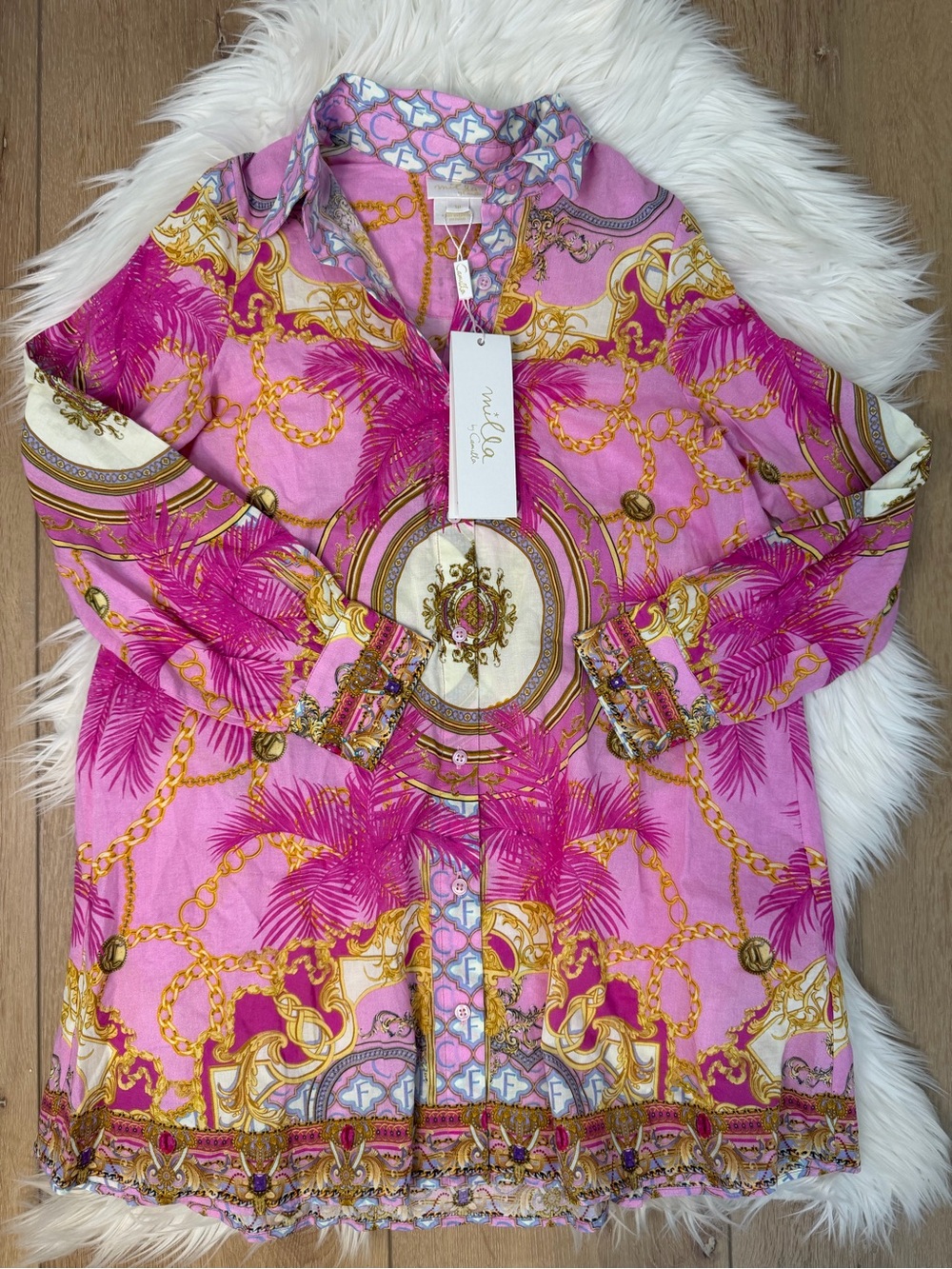Camilla Pink and Gold‎ Printed Collar Neck Button Down Dress / Cover Up Girls 10